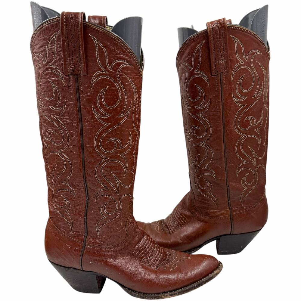 Vtg Dan Post Tall Cowboy Boots Youth 5.5D Cognac Brown Leather Western Pointed